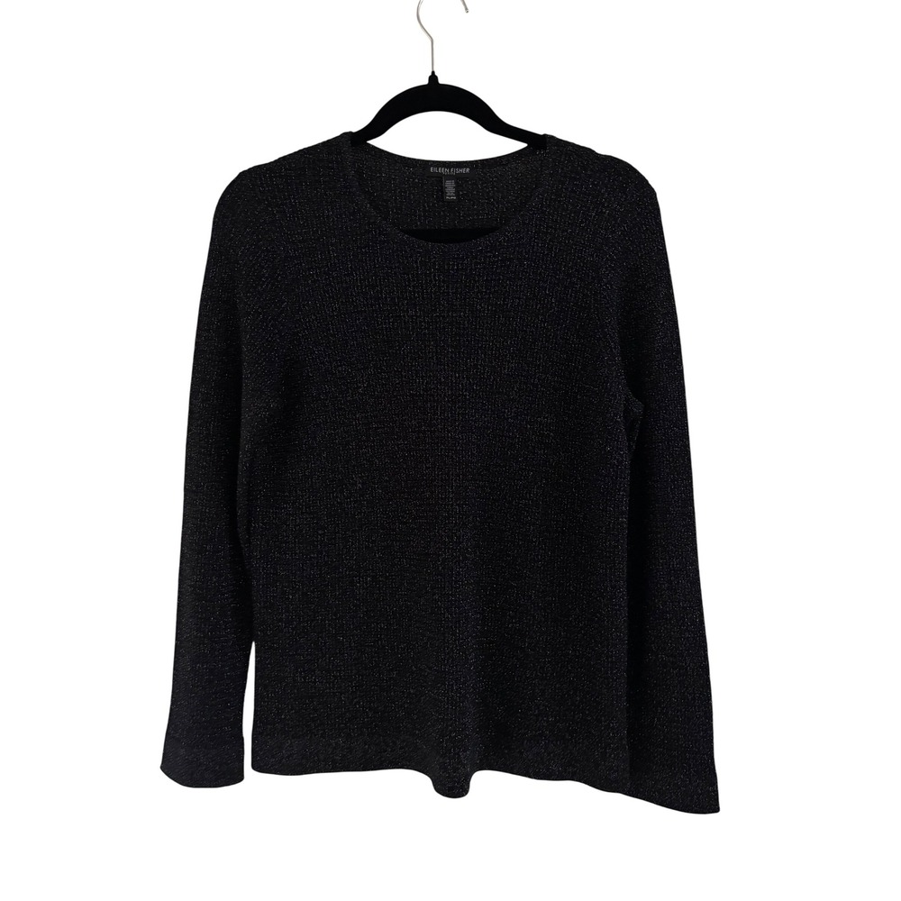 Eileen Fisher Petite Black Metallic Merino Wool Blend Knit Sweater PL